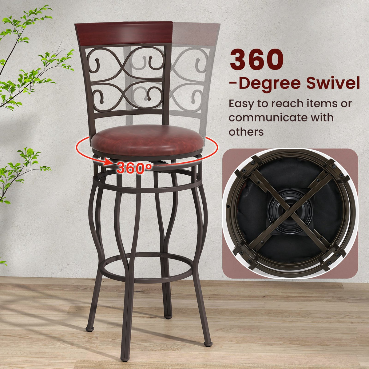 2 Pieces 30 Inch 360 Degree Swivel Bar Stools with Leather Padded Seat-Brown view 6