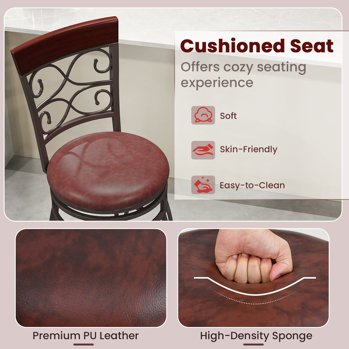 2 Pieces 30 Inch 360 Degree Swivel Bar Stools with Leather Padded Seat-Brown view 8