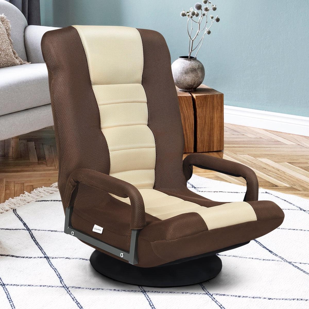 360-Degree Swivel Gaming Floor Chair with Foldable Adjustable Backrest-Brown view 2
