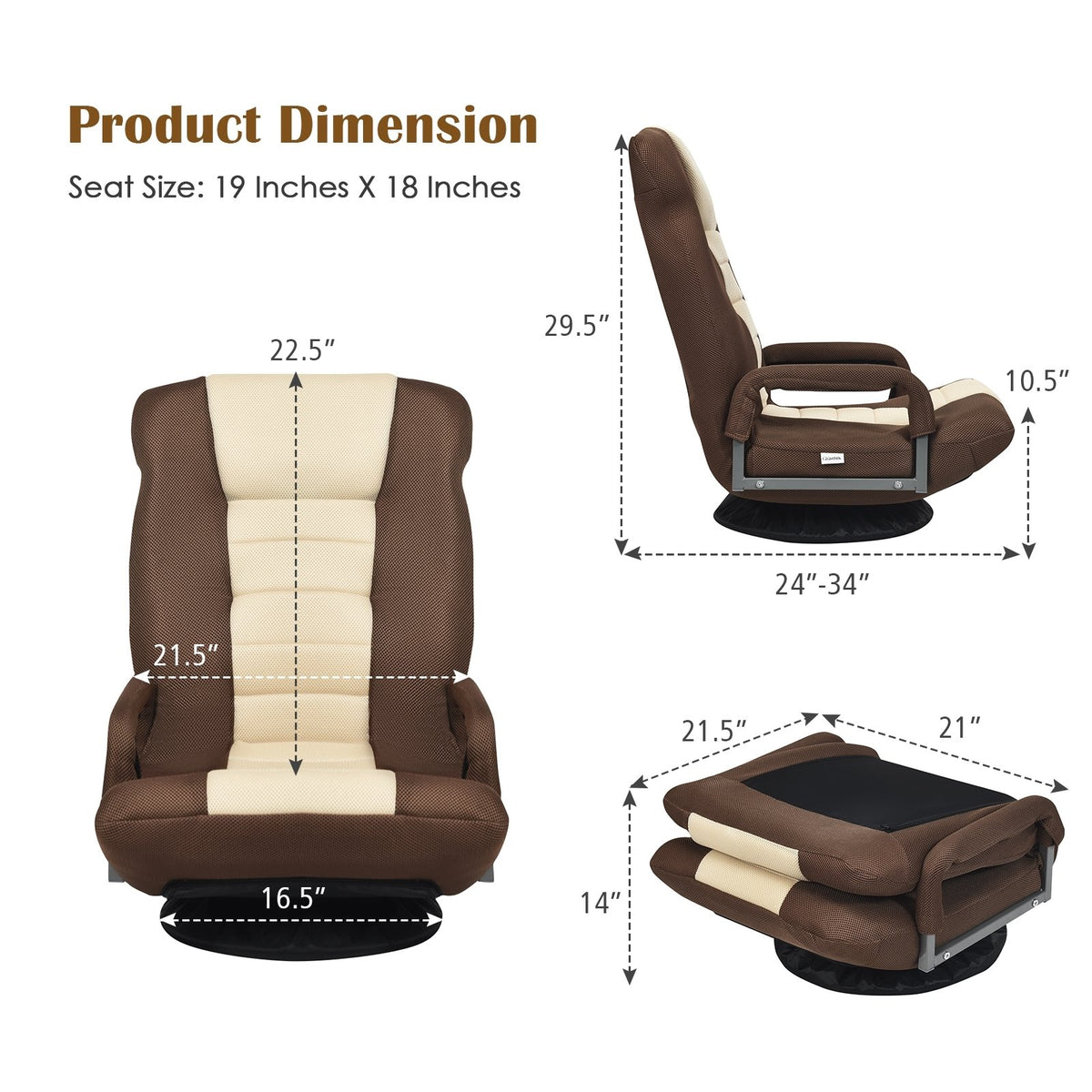 360-Degree Swivel Gaming Floor Chair with Foldable Adjustable Backrest-Brown view 4
