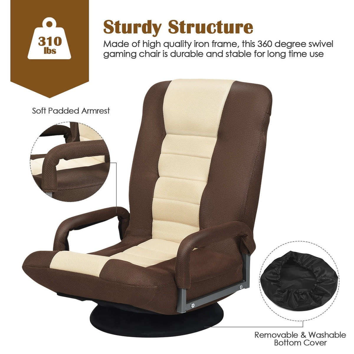 360-Degree Swivel Gaming Floor Chair with Foldable Adjustable Backrest-Brown view 5