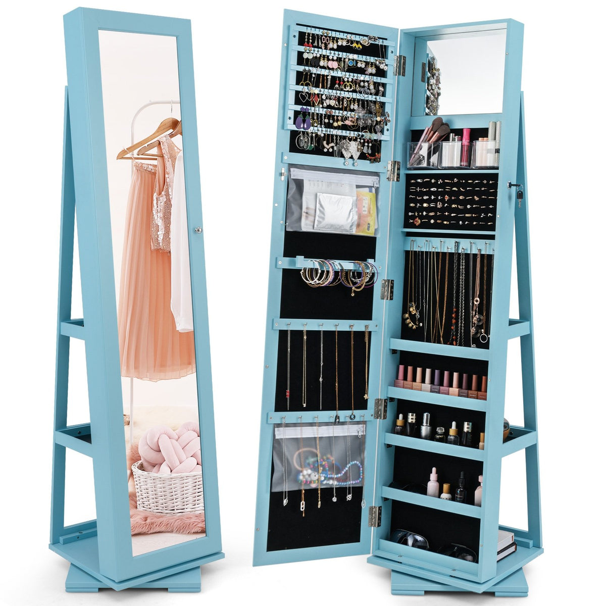 360° Rotatable 2-in-1 Lockable Jewelry Cabinet with Full-Length Mirror-Blue