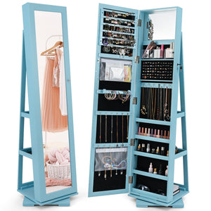 360° Rotatable 2-in-1 Lockable Jewelry Cabinet with Full-Length Mirror-Blue