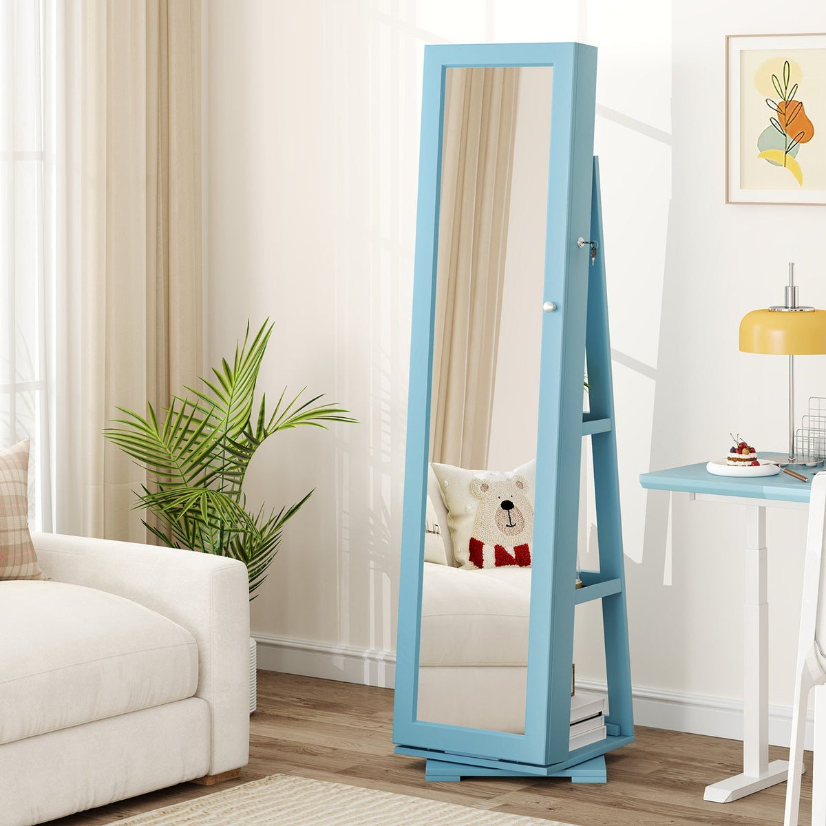 360° Rotatable 2-in-1 Lockable Jewelry Cabinet with Full-Length Mirror-Blue view 2