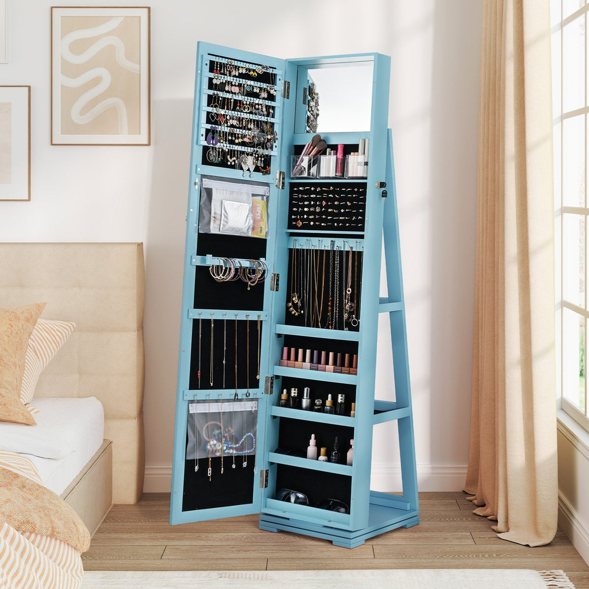 360° Rotatable 2-in-1 Lockable Jewelry Cabinet with Full-Length Mirror-Blue view 3