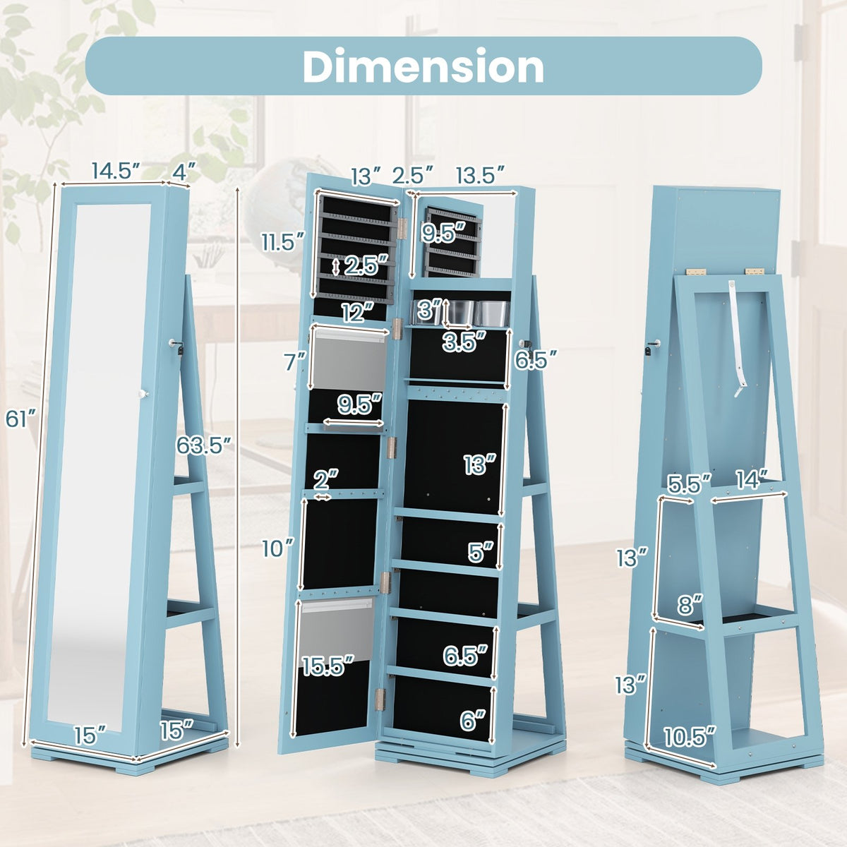 360° Rotatable 2-in-1 Lockable Jewelry Cabinet with Full-Length Mirror-Blue view 4