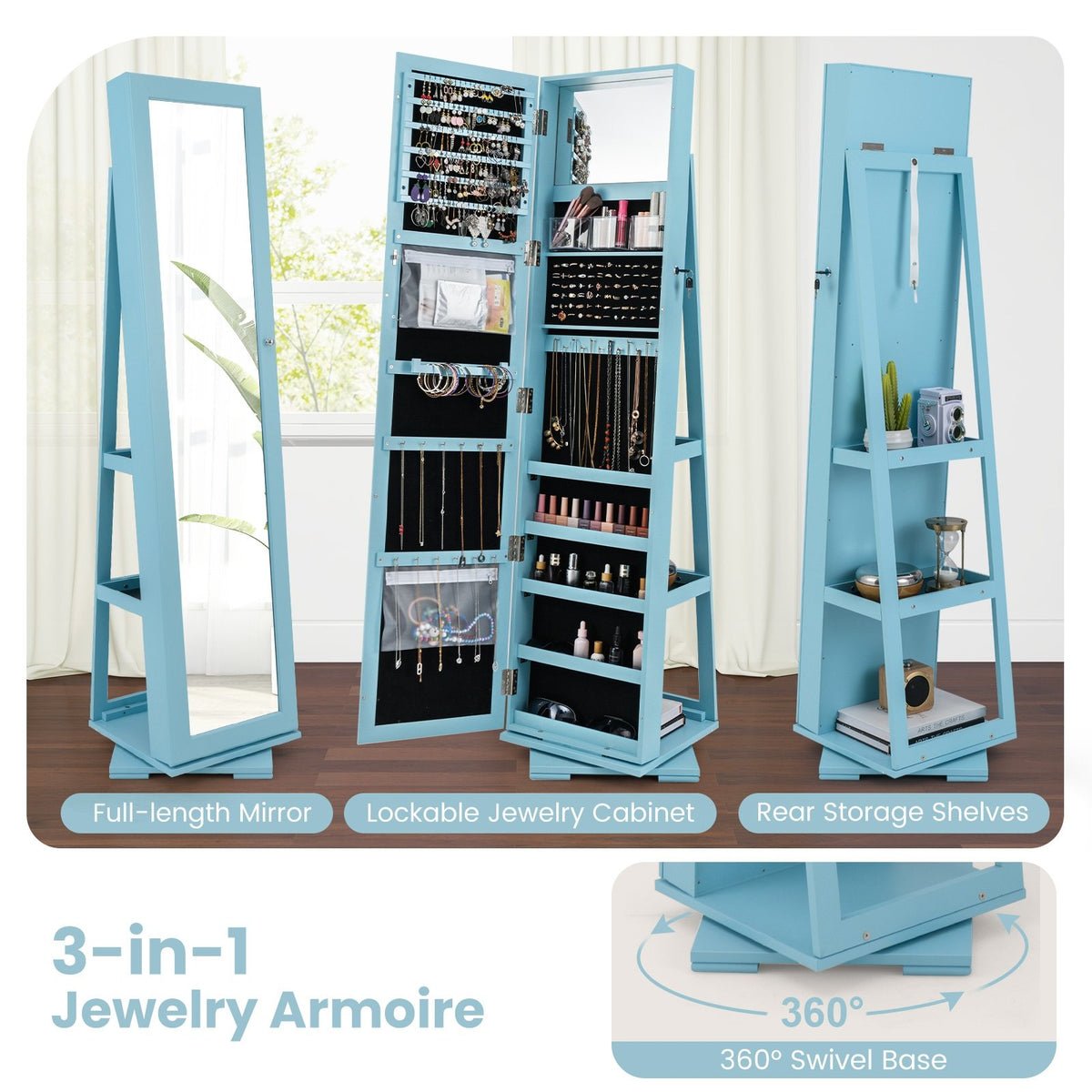 360° Rotatable 2-in-1 Lockable Jewelry Cabinet with Full-Length Mirror-Blue view 7