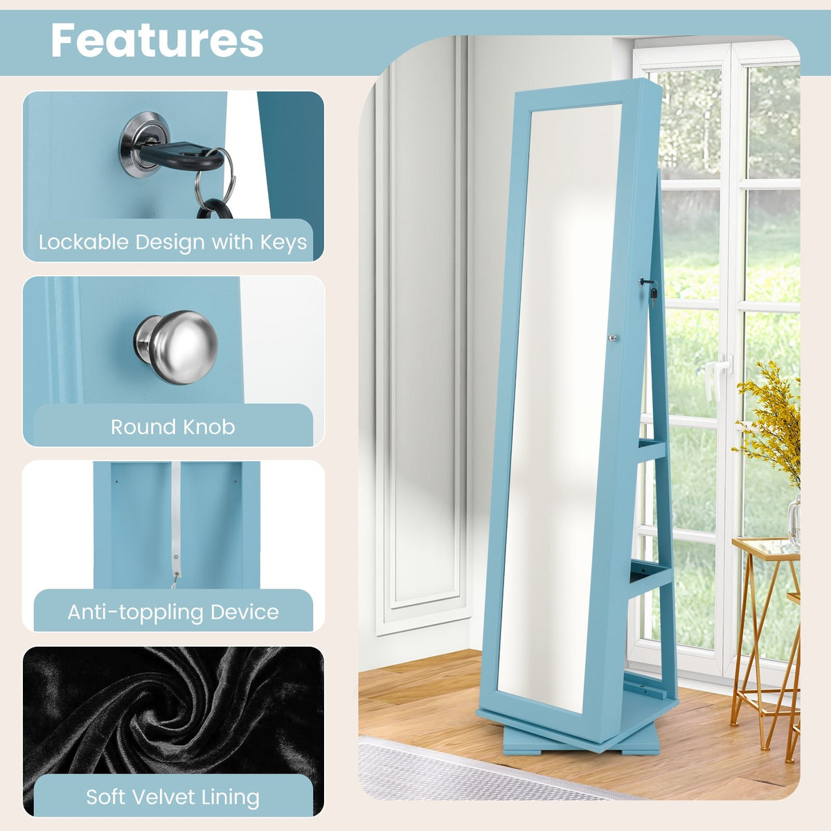 360° Rotatable 2-in-1 Lockable Jewelry Cabinet with Full-Length Mirror-Blue view 9
