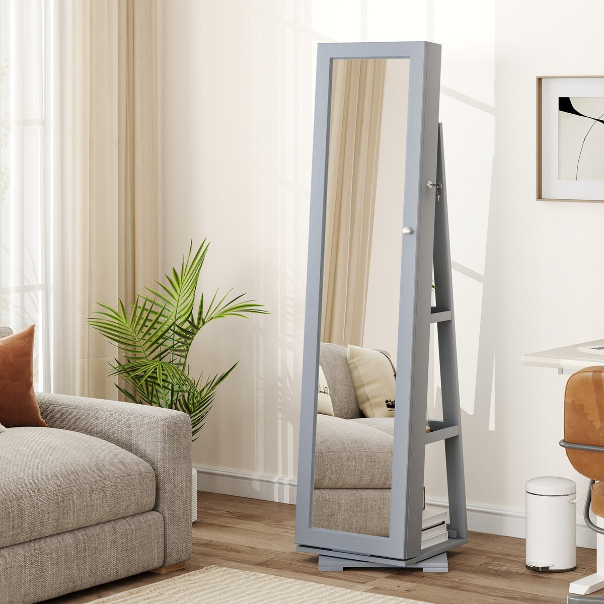360° Rotatable 2-in-1 Lockable Jewelry Cabinet with Full-Length Mirror-Gray view 2