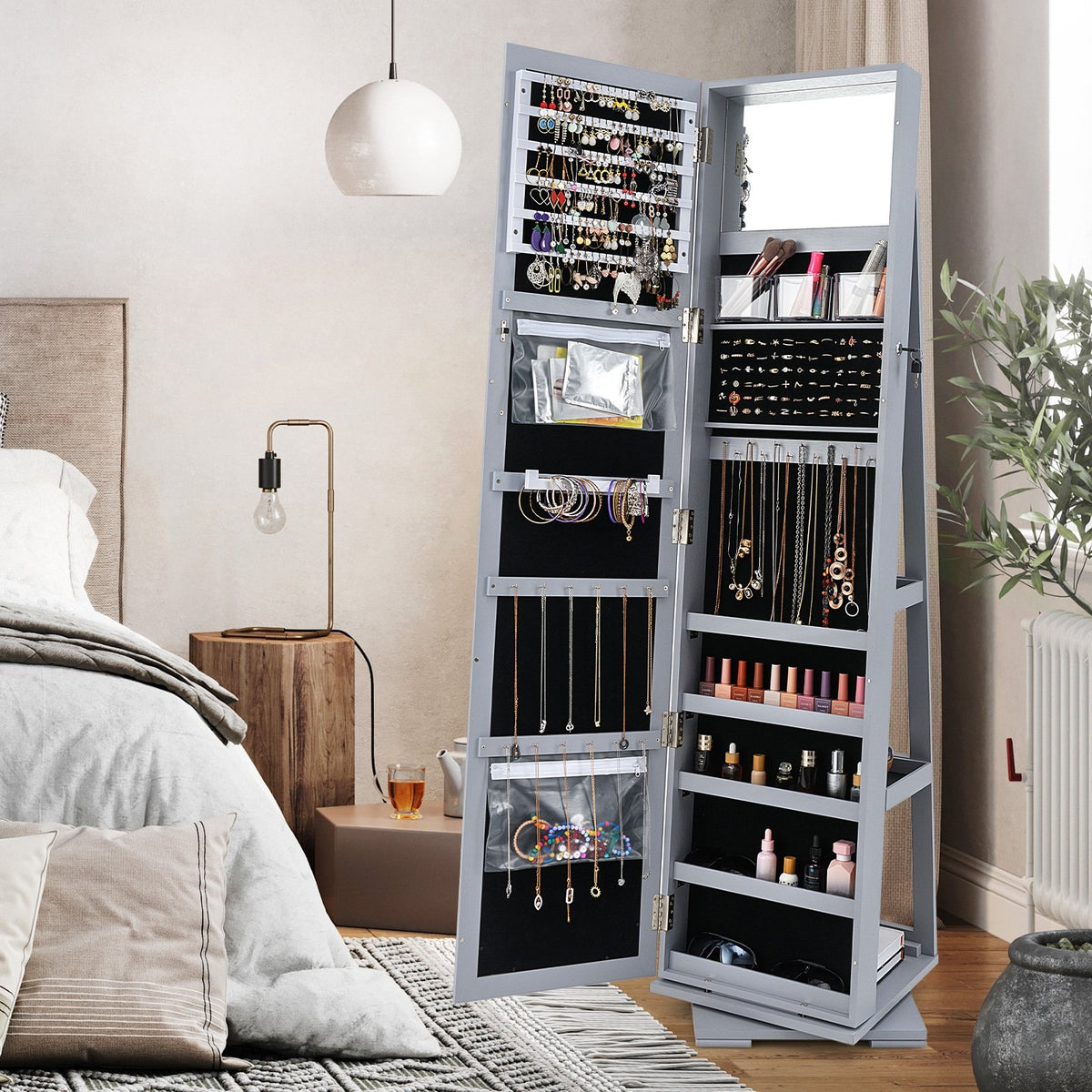 360° Rotatable 2-in-1 Lockable Jewelry Cabinet with Full-Length Mirror-Gray view 3