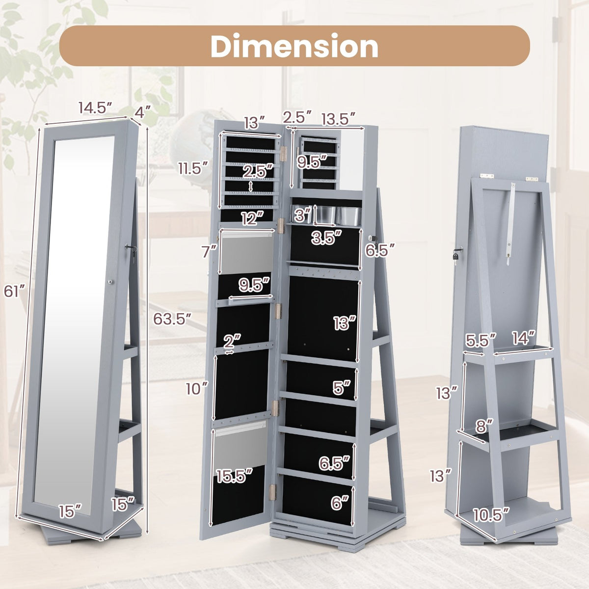 360° Rotatable 2-in-1 Lockable Jewelry Cabinet with Full-Length Mirror-Gray view 4