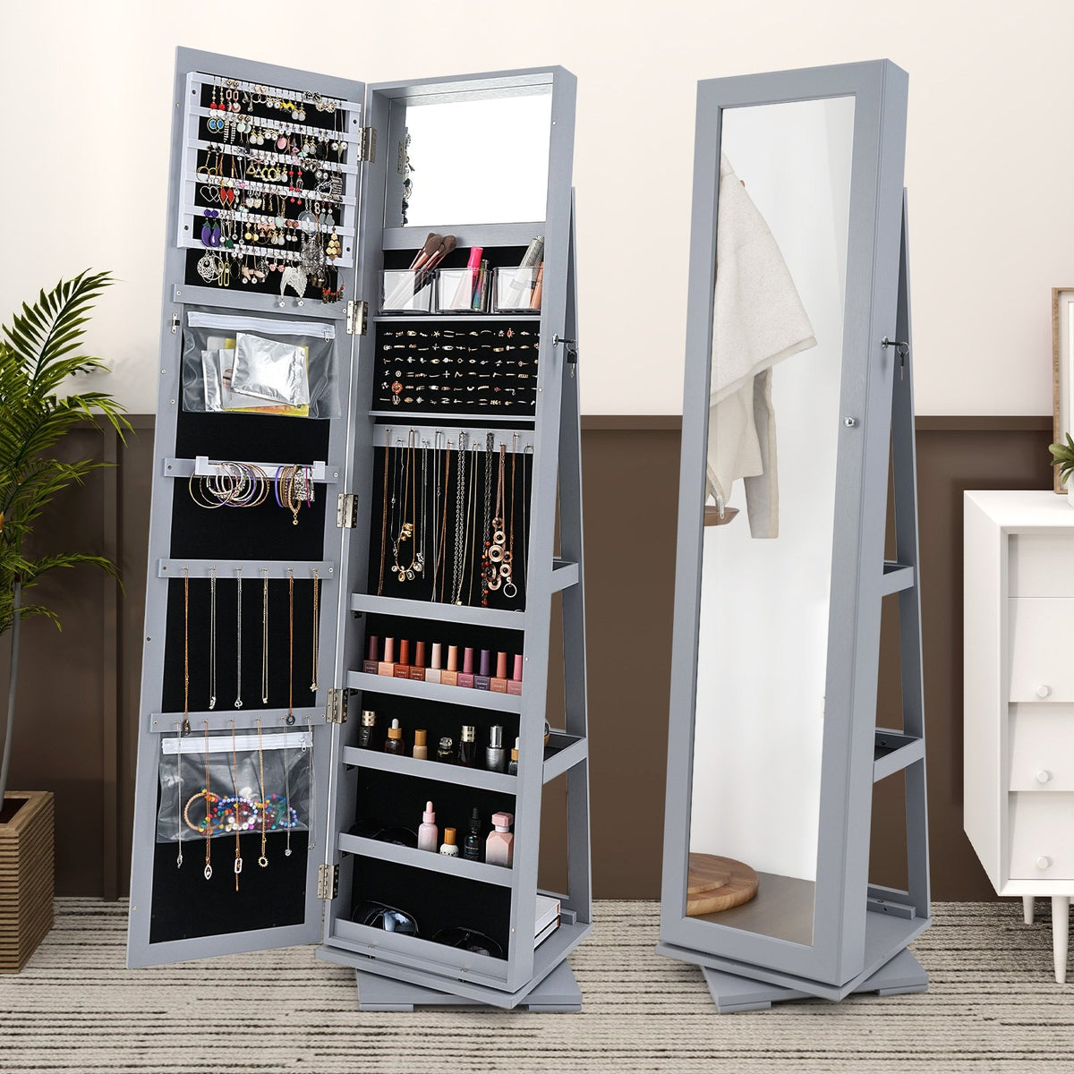 360° Rotatable 2-in-1 Lockable Jewelry Cabinet with Full-Length Mirror-Gray view 5