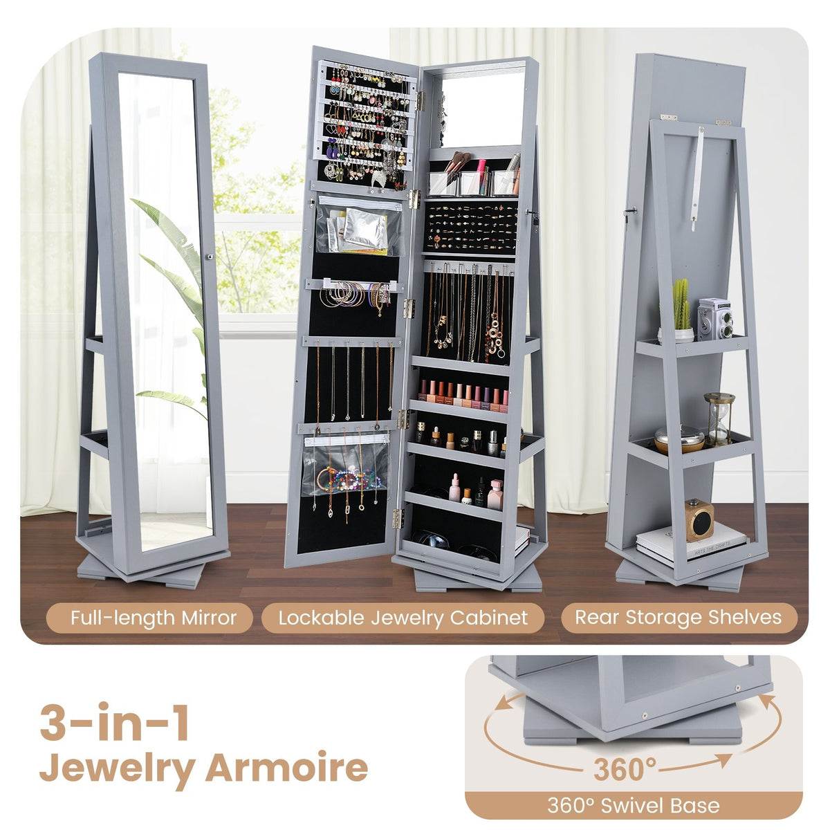360° Rotatable 2-in-1 Lockable Jewelry Cabinet with Full-Length Mirror-Gray view 7