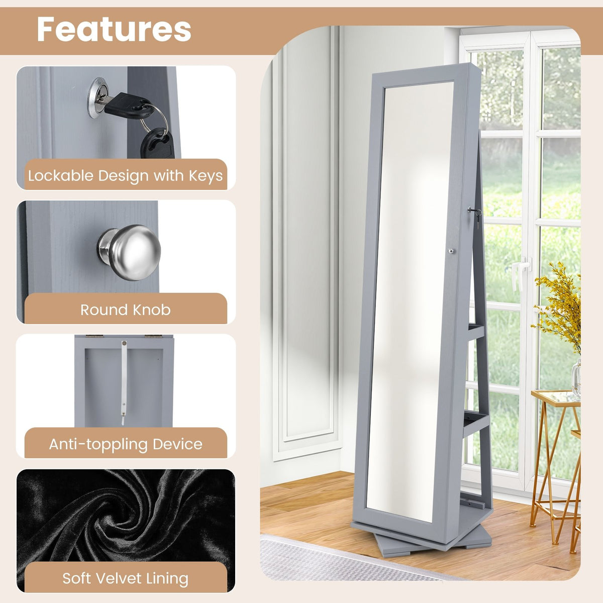360° Rotatable 2-in-1 Lockable Jewelry Cabinet with Full-Length Mirror-Gray view 9