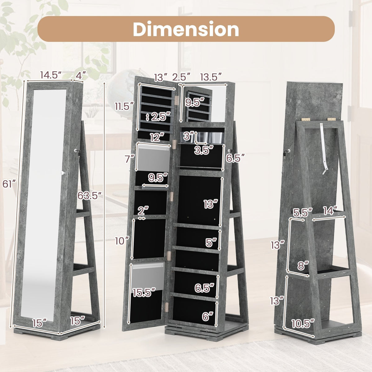 360° Rotatable 2-in-1 Lockable Jewelry Cabinet with Full-Length Mirror-Green view 4