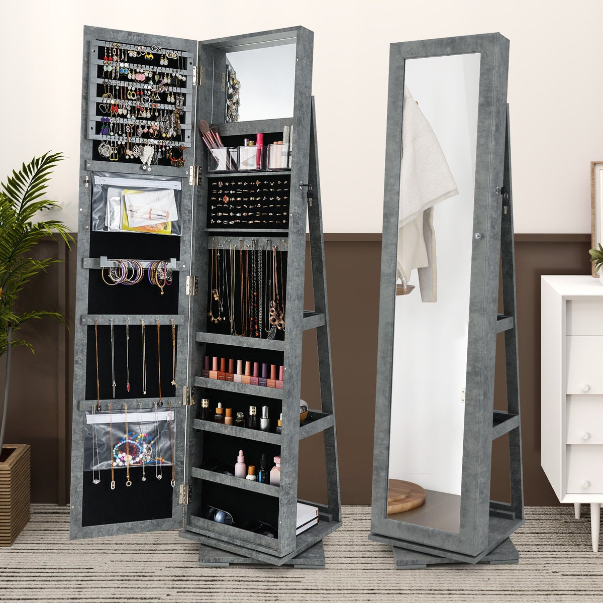 360° Rotatable 2-in-1 Lockable Jewelry Cabinet with Full-Length Mirror-Green view 5