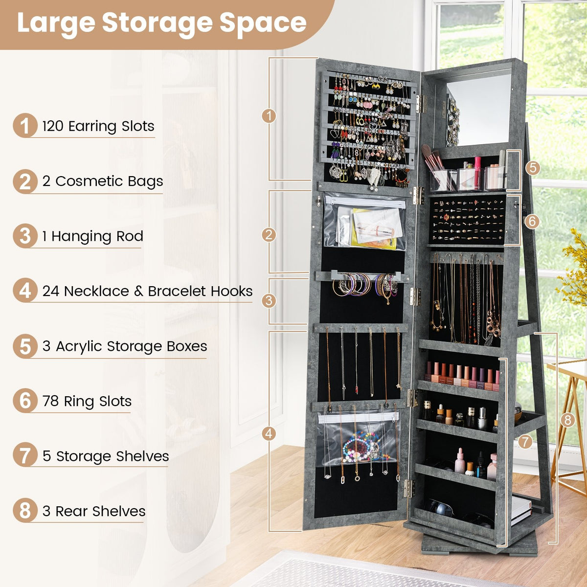 360° Rotatable 2-in-1 Lockable Jewelry Cabinet with Full-Length Mirror-Green view 6
