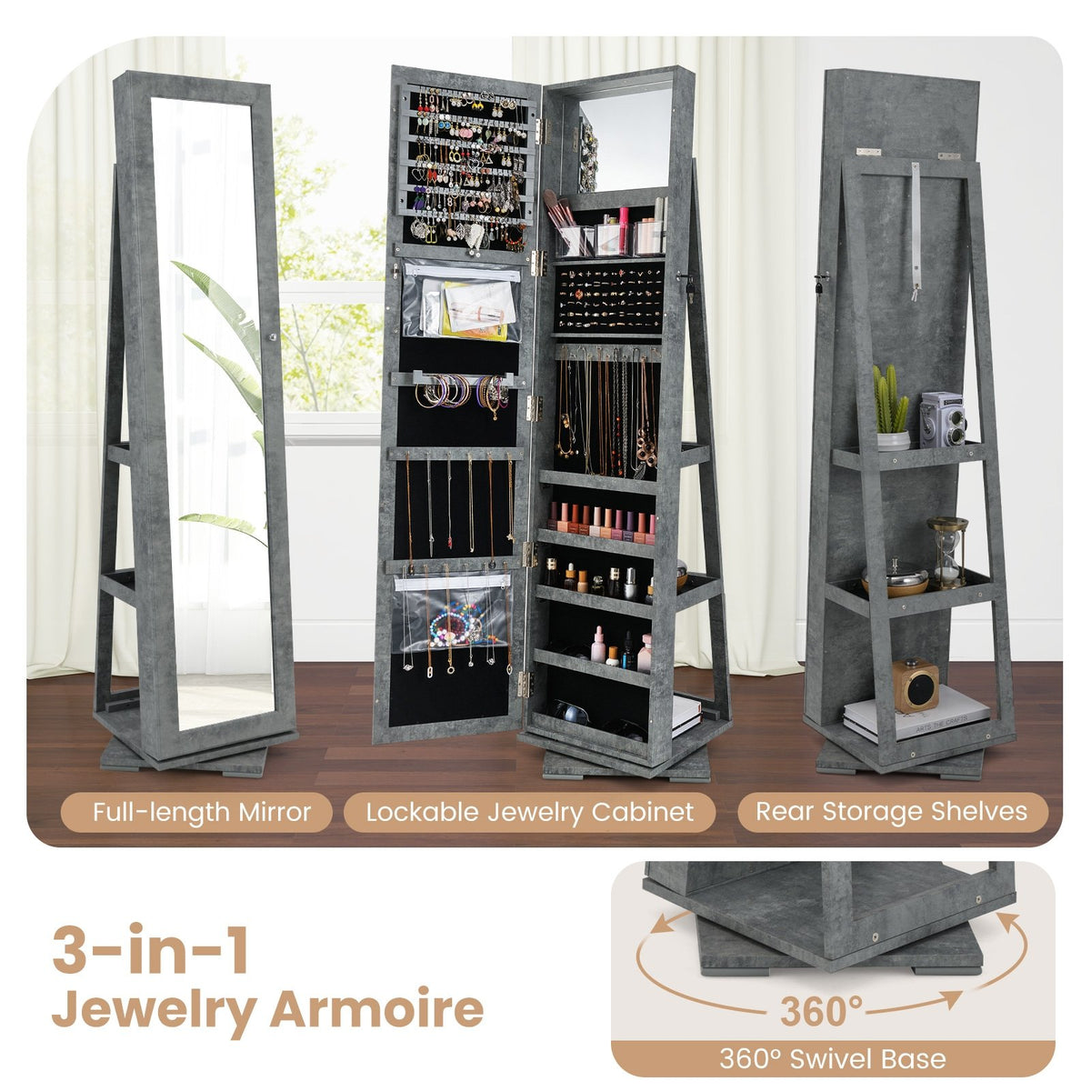360° Rotatable 2-in-1 Lockable Jewelry Cabinet with Full-Length Mirror-Green view 7