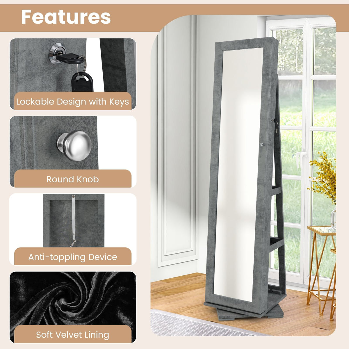 360° Rotatable 2-in-1 Lockable Jewelry Cabinet with Full-Length Mirror-Green view 9