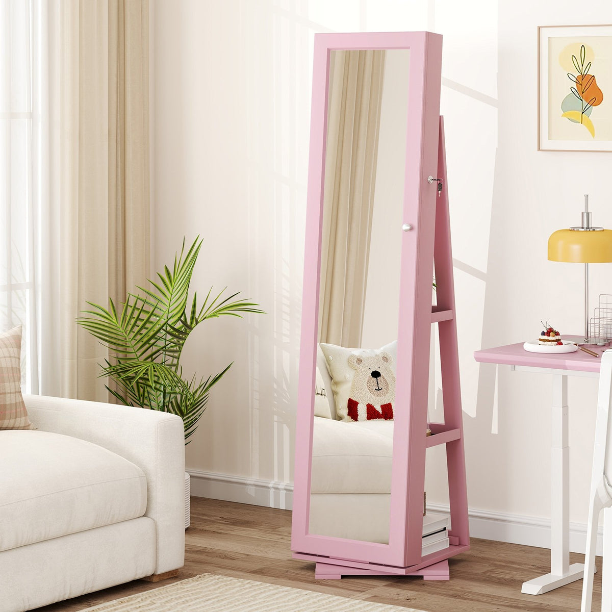 360° Rotatable 2-in-1 Lockable Jewelry Cabinet with Full-Length Mirror-Pink view 2