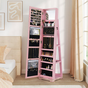 360° Rotatable 2-in-1 Lockable Jewelry Cabinet with Full-Length Mirror-Pink view 3