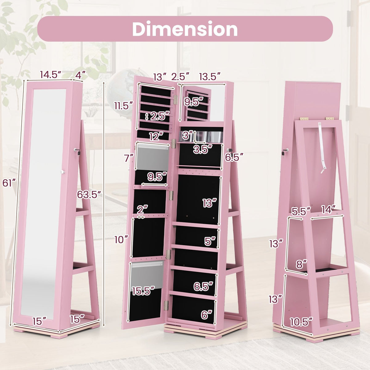 360° Rotatable 2-in-1 Lockable Jewelry Cabinet with Full-Length Mirror-Pink view 4