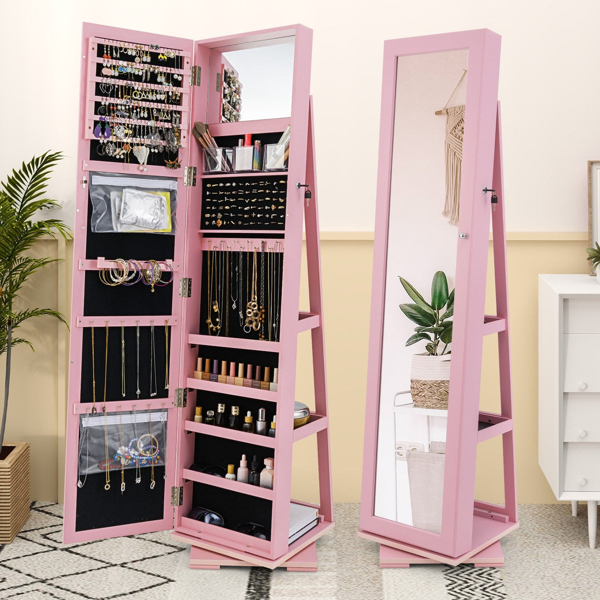 360° Rotatable 2-in-1 Lockable Jewelry Cabinet with Full-Length Mirror-Pink view 5