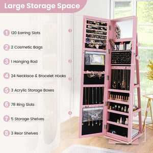 360° Rotatable 2-in-1 Lockable Jewelry Cabinet with Full-Length Mirror-Pink view 6