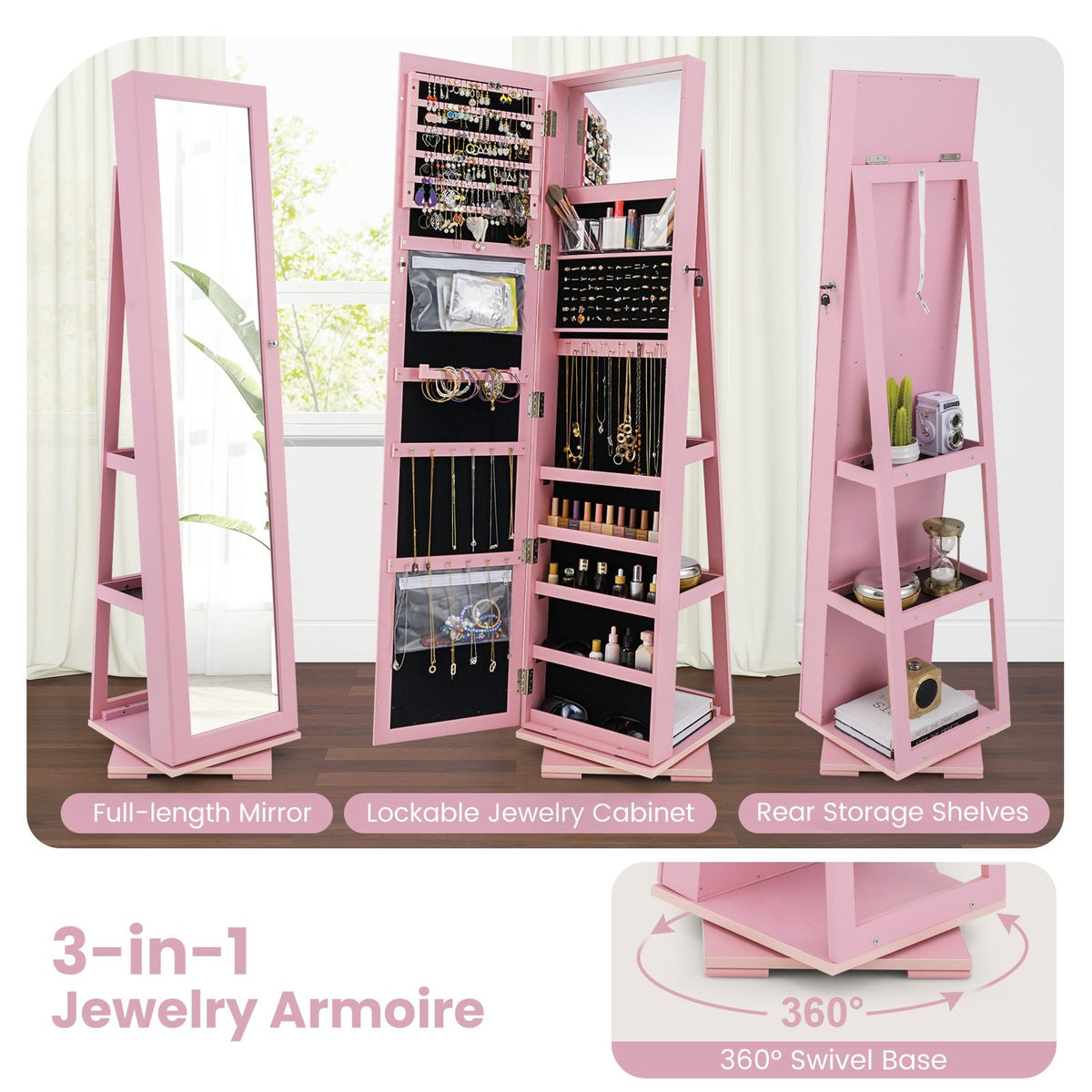 360° Rotatable 2-in-1 Lockable Jewelry Cabinet with Full-Length Mirror-Pink view 7