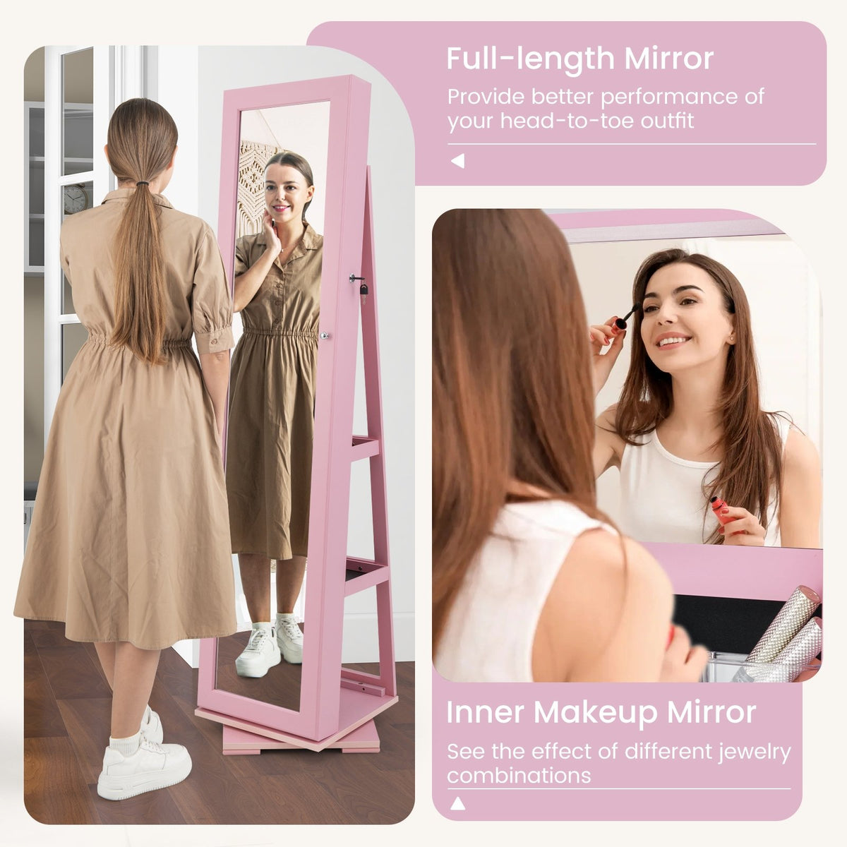 360° Rotatable 2-in-1 Lockable Jewelry Cabinet with Full-Length Mirror-Pink view 8