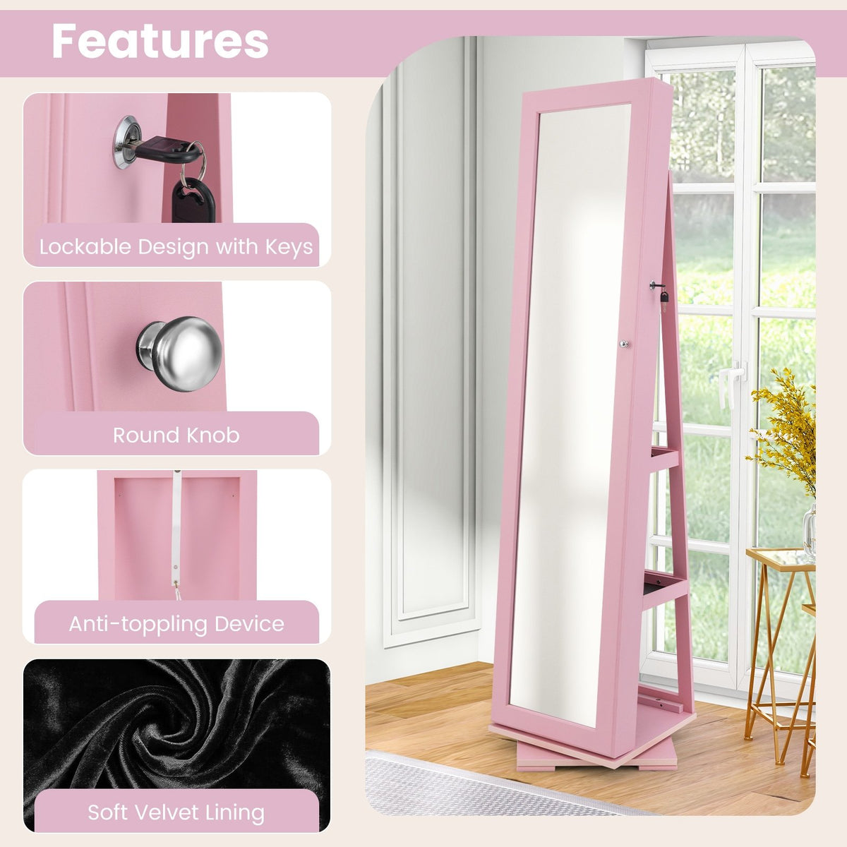 360° Rotatable 2-in-1 Lockable Jewelry Cabinet with Full-Length Mirror-Pink view 9