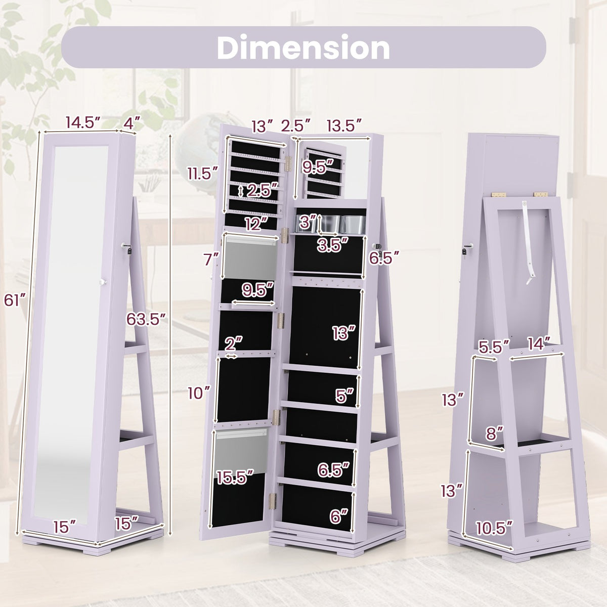 360° Rotatable 2-in-1 Lockable Jewelry Cabinet with Full-Length Mirror-Purple view 4
