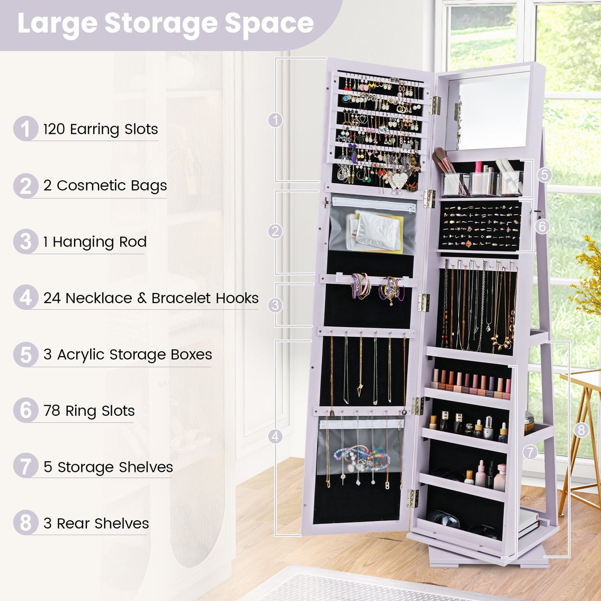 360° Rotatable 2-in-1 Lockable Jewelry Cabinet with Full-Length Mirror-Purple view 6