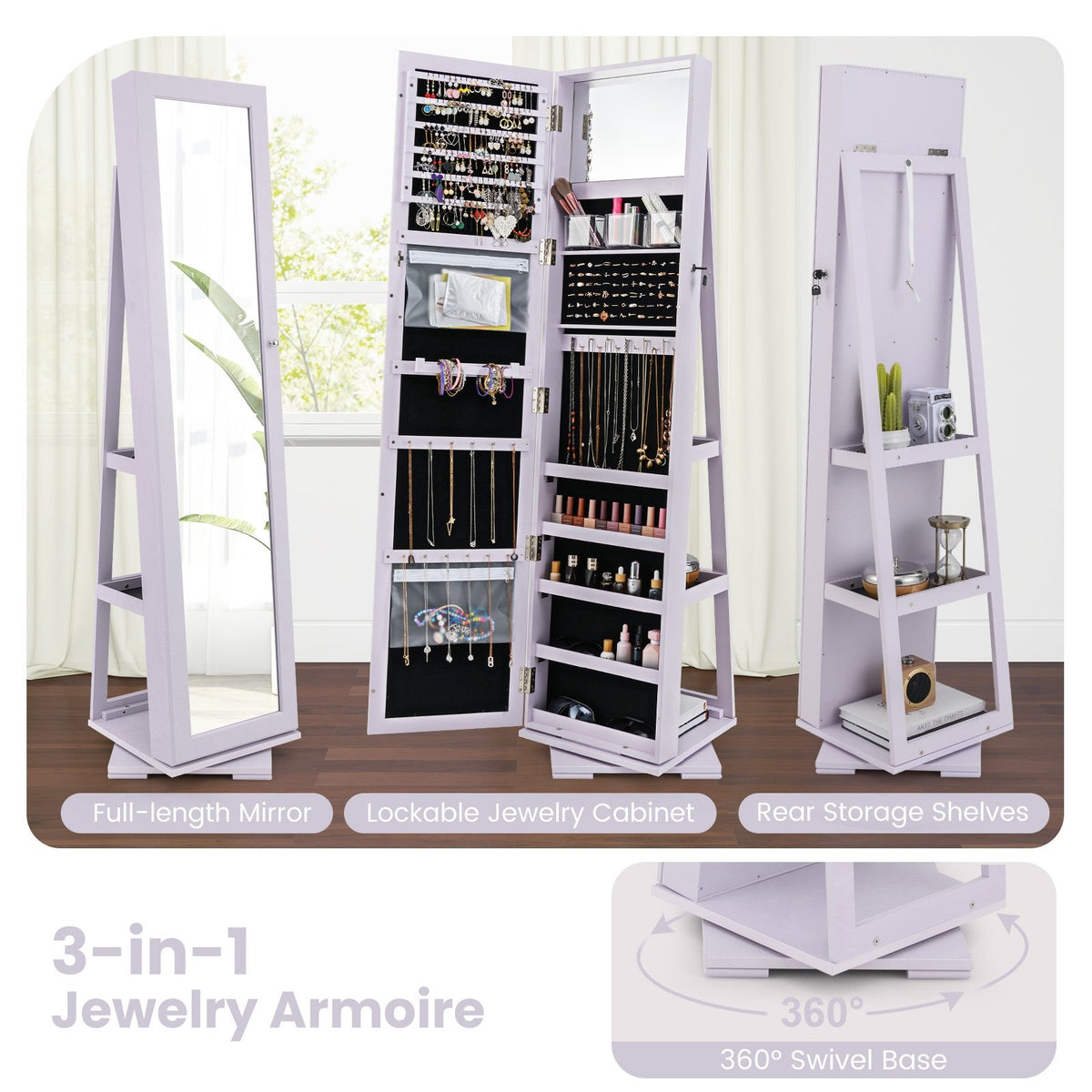 360° Rotatable 2-in-1 Lockable Jewelry Cabinet with Full-Length Mirror-Purple view 7