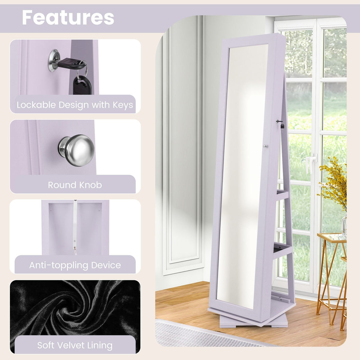 360° Rotatable 2-in-1 Lockable Jewelry Cabinet with Full-Length Mirror-Purple view 9