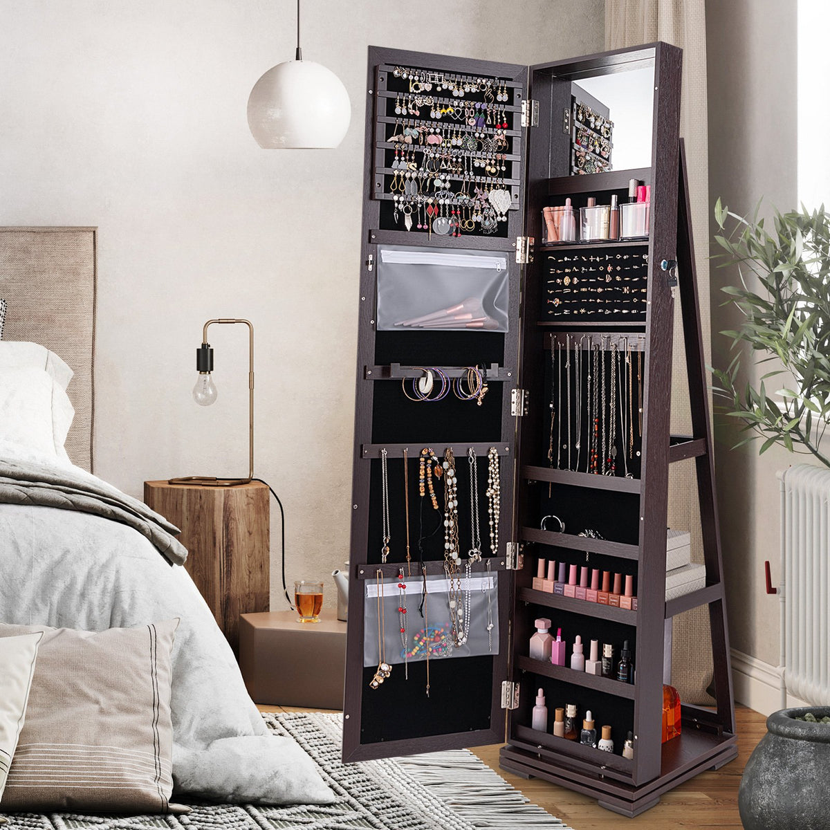 360° Rotatable 2-in-1 Lockable Jewelry Cabinet with Full-Length Mirror-Dark Brown view 3