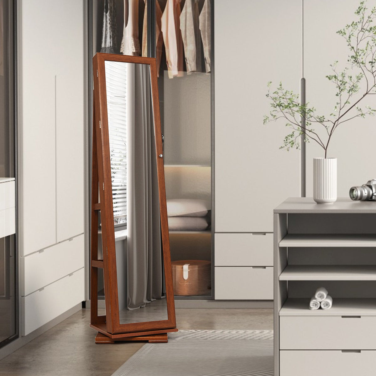 360° Rotatable Armoire 2-in-1 Lockable Mirrored Jewelry Cabinet-Brown view 2