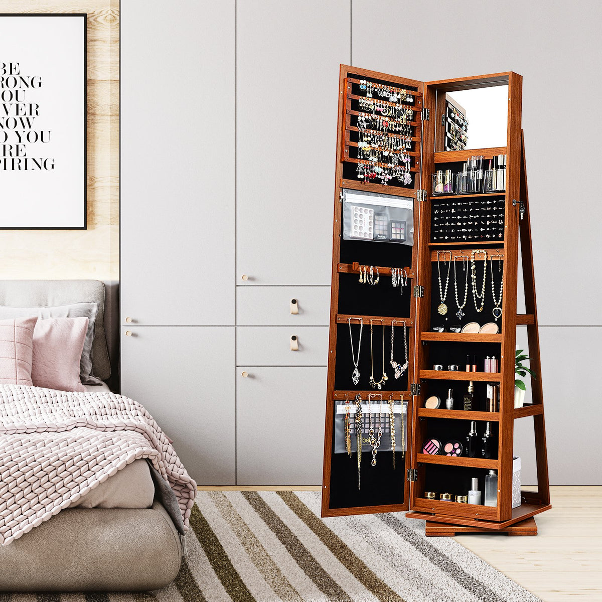 360° Rotatable Armoire 2-in-1 Lockable Mirrored Jewelry Cabinet-Brown view 3