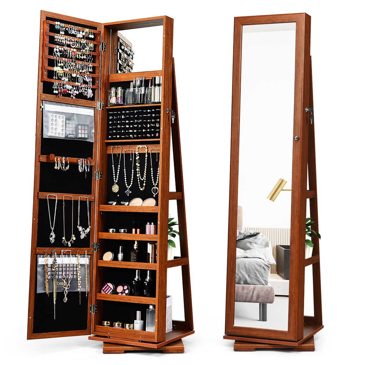 360° Rotatable Armoire 2-in-1 Lockable Mirrored Jewelry Cabinet-Brown view 4