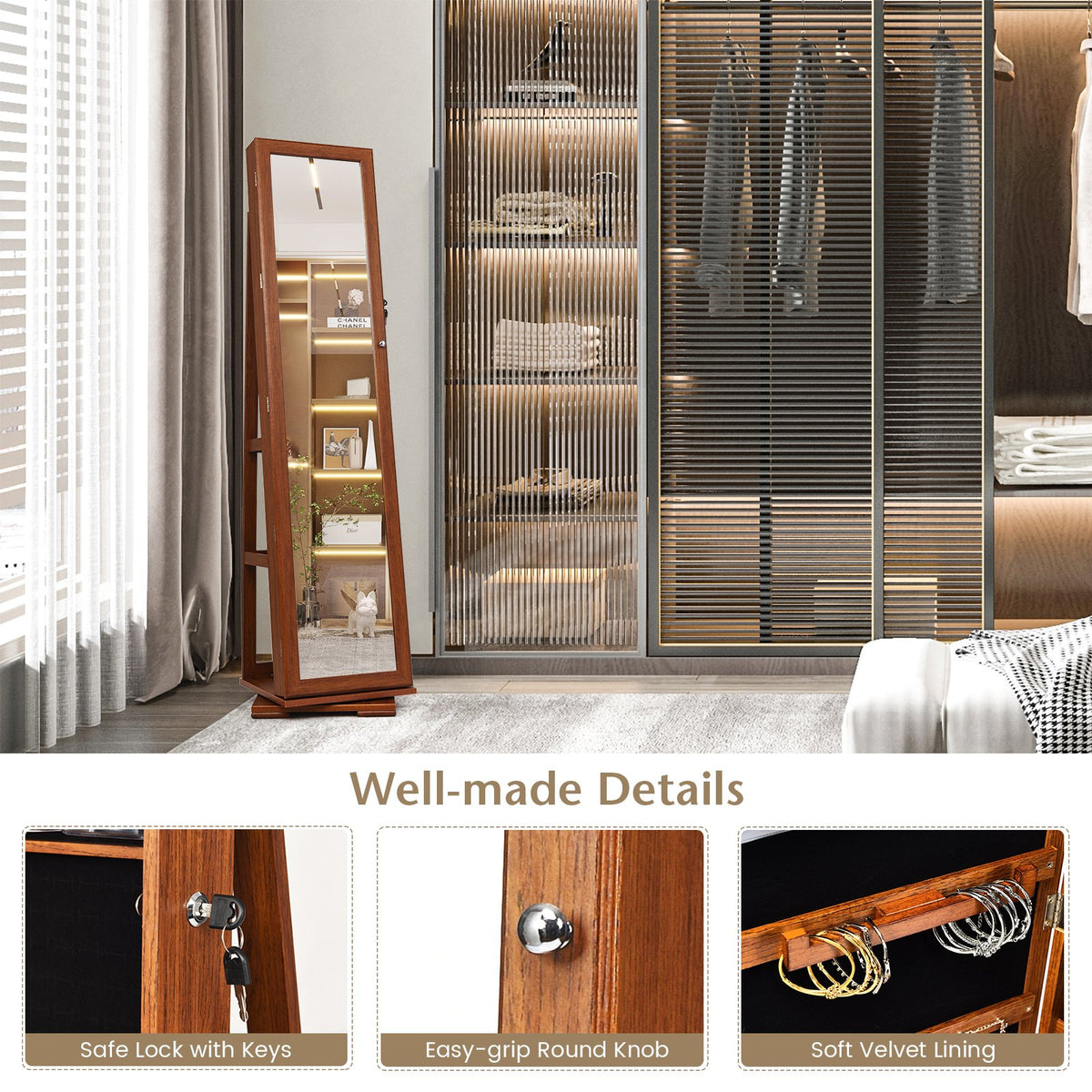 360° Rotatable Armoire 2-in-1 Lockable Mirrored Jewelry Cabinet-Brown view 6