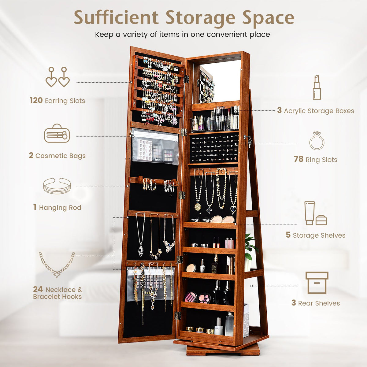 360° Rotatable Armoire 2-in-1 Lockable Mirrored Jewelry Cabinet-Brown view 7