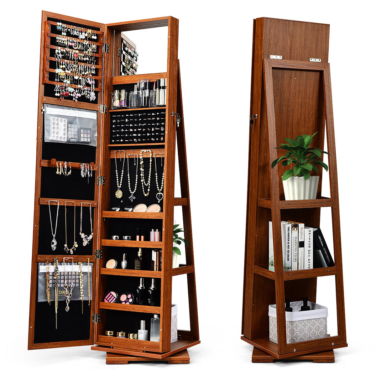 360° Rotatable Armoire 2-in-1 Lockable Mirrored Jewelry Cabinet-Brown view 8