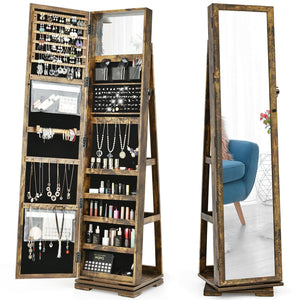 360° Rotatable Armoire 2-in-1 Lockable Mirrored Jewelry Cabinet-Rustic Brown