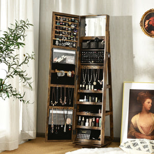 360° Rotatable Armoire 2-in-1 Lockable Mirrored Jewelry Cabinet-Rustic Brown view 2