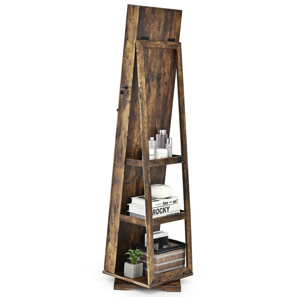 360° Rotatable Armoire 2-in-1 Lockable Mirrored Jewelry Cabinet-Rustic Brown view 8