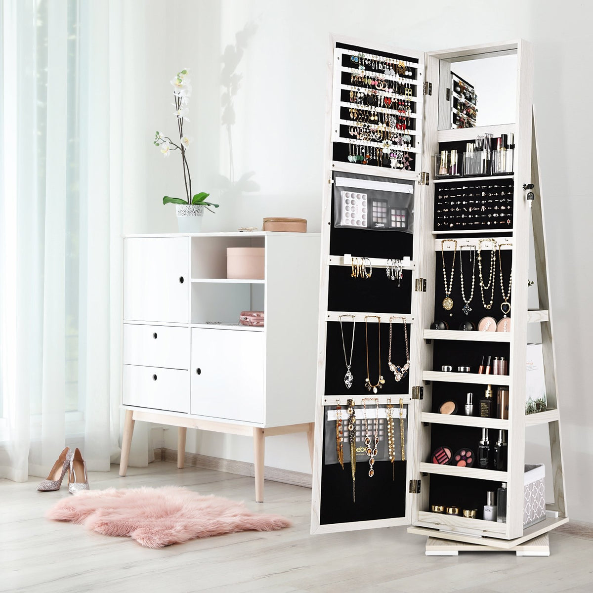 360° Rotatable 2-in-1 Lockable Jewelry Cabinet with Full-Length Mirror-White view 2