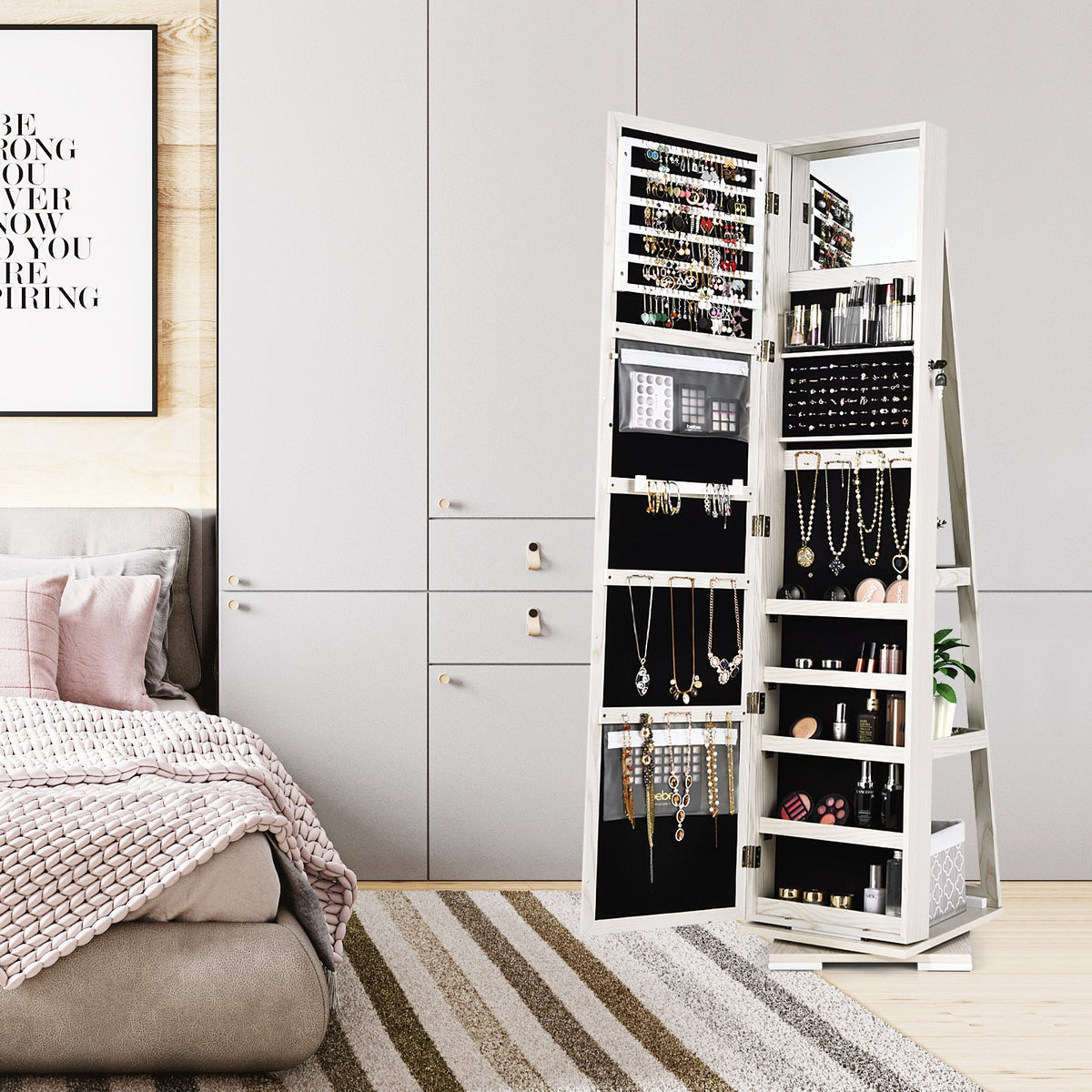 360° Rotatable 2-in-1 Lockable Jewelry Cabinet with Full-Length Mirror-White view 3
