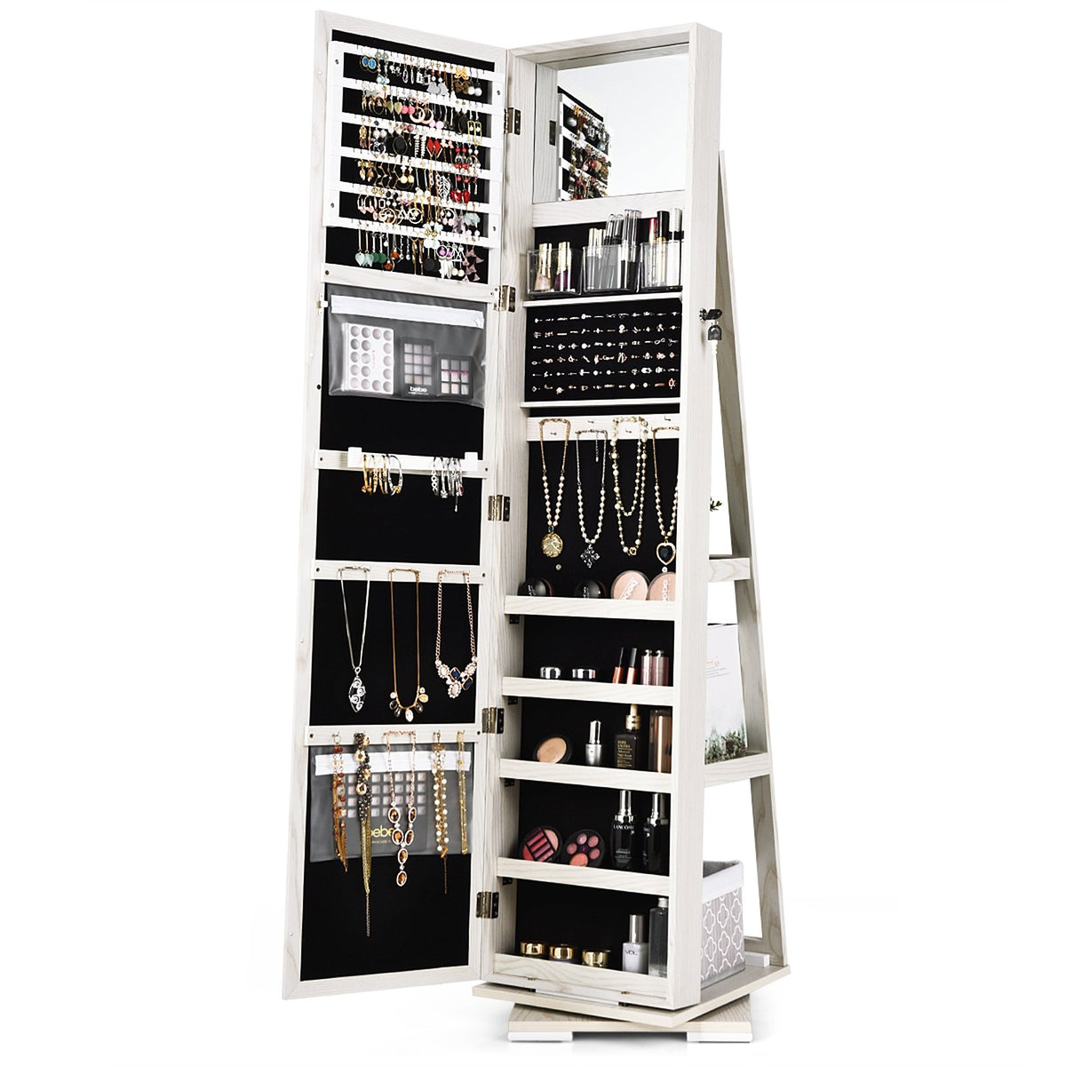 360° Rotatable 2-in-1 Lockable Jewelry Cabinet with Full-Length Mirror-White view 4