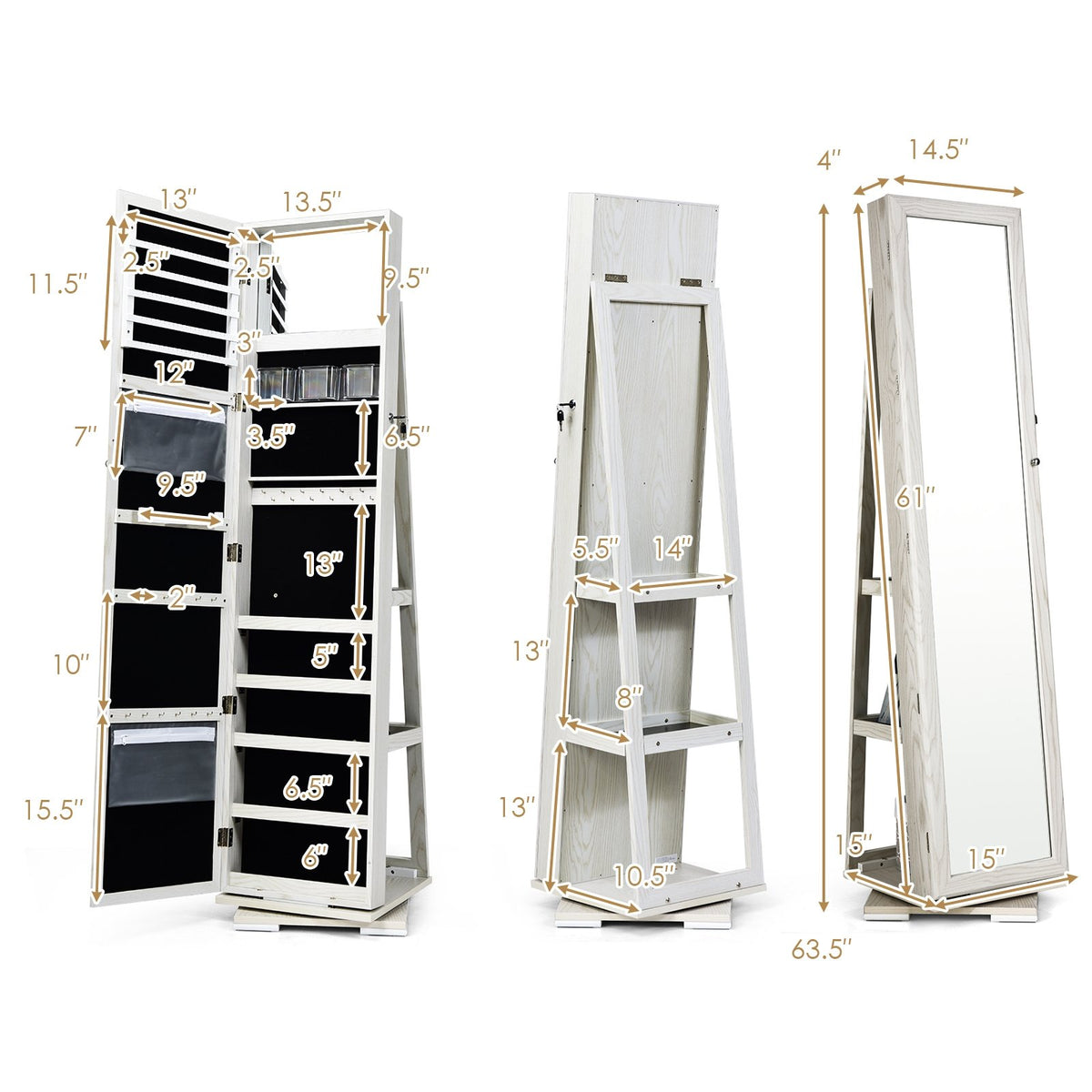 360° Rotatable 2-in-1 Lockable Jewelry Cabinet with Full-Length Mirror-White view 5