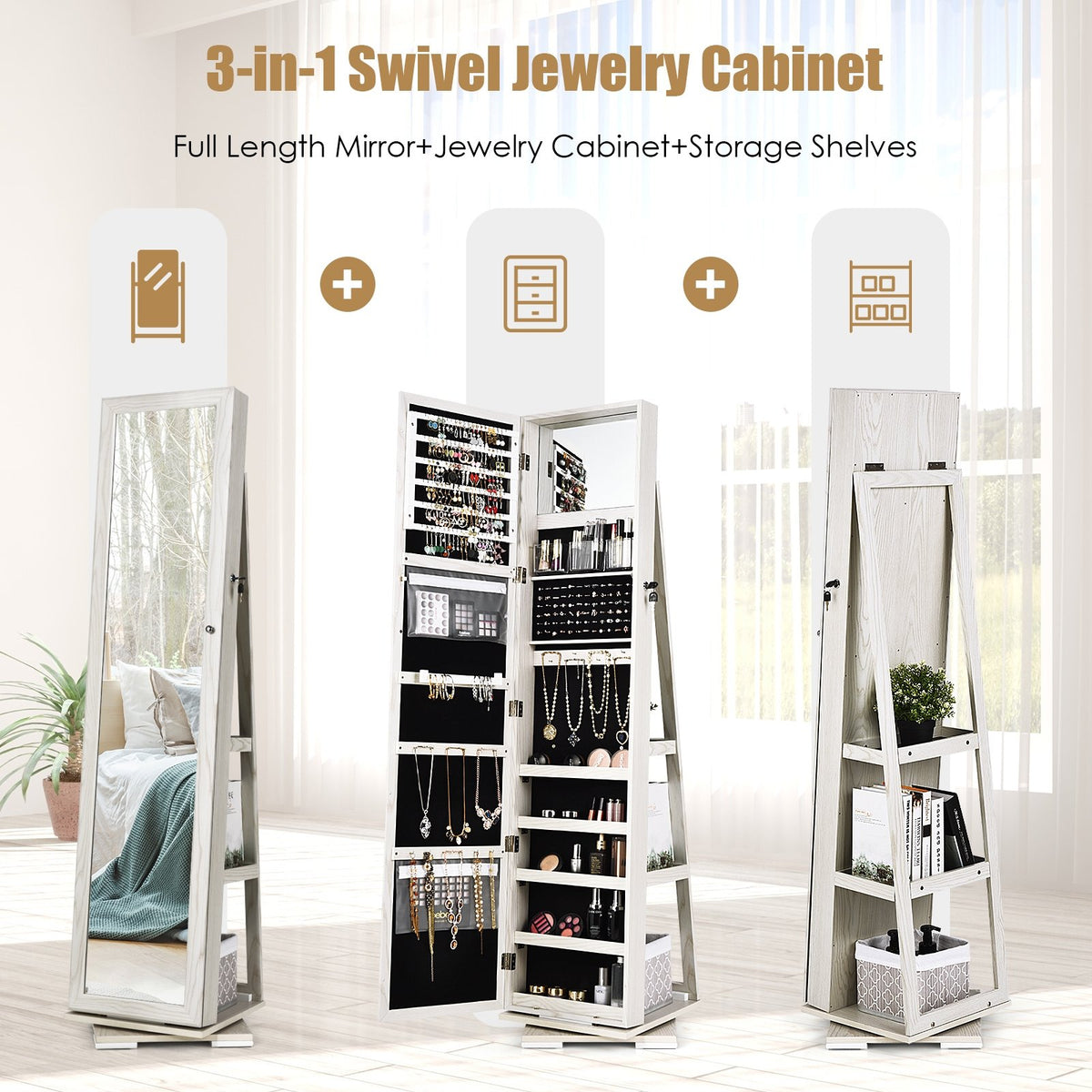 360° Rotatable 2-in-1 Lockable Jewelry Cabinet with Full-Length Mirror-White view 9